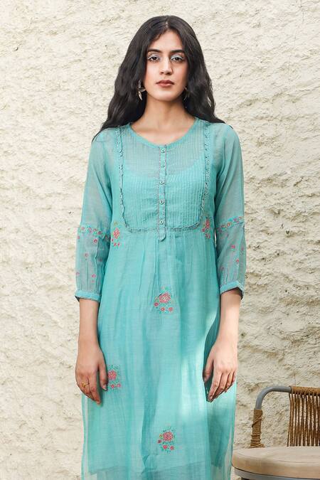 Shop_Tatwa_Blue Handloom Cotton, Viscose, Silk Embroidery Round Neck Chanderi Kurta Set _Online_at_Aza_Fashions