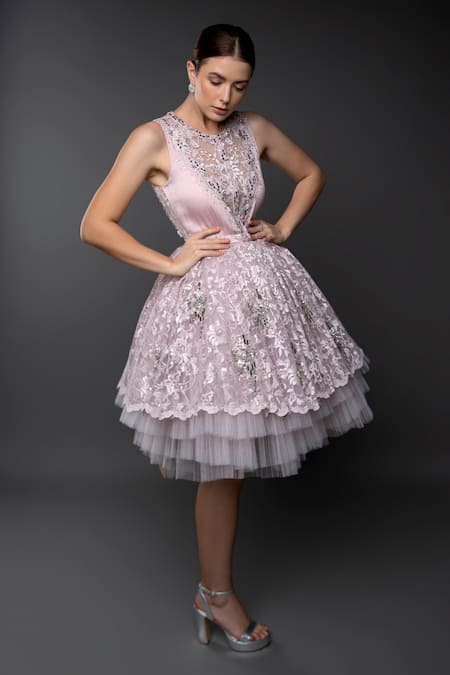 Shop_Anjum Qureshi_Pink Satin Hand Embroidered Sequin Round Flounce Dress _Online_at_Aza_Fashions