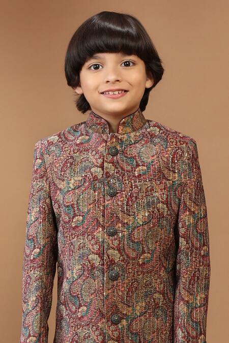 Shop_Kora By Nilesh Mitesh_Maroon Velvet, Cotton Sequins, Embroidery Mughal Print Sherwani Set_Online_at_Aza_Fashions