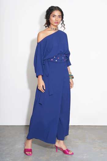 Buy_Style Junkiie_Blue Modal Asymmetric Off-shoulder Jumpsuit _Online_at_Aza_Fashions