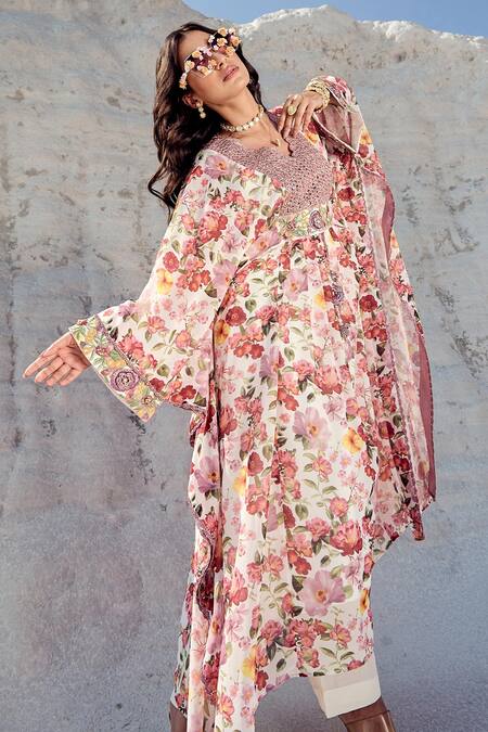 Shop_Nikita Vishakha_Purple V-neck Floral Printed Kaftan Set With Pant _Online_at_Aza_Fashions