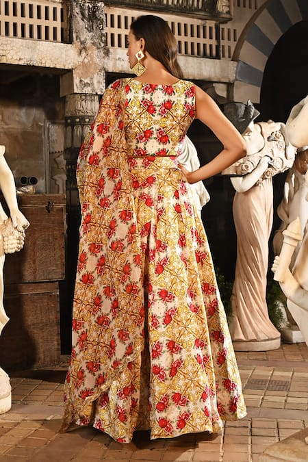 Buy_Sanam_Ivory Organza Sequins, Stones Plunge Joelle Pomegranate Garden Print Lehenga Set _Online_at_Aza_Fashions