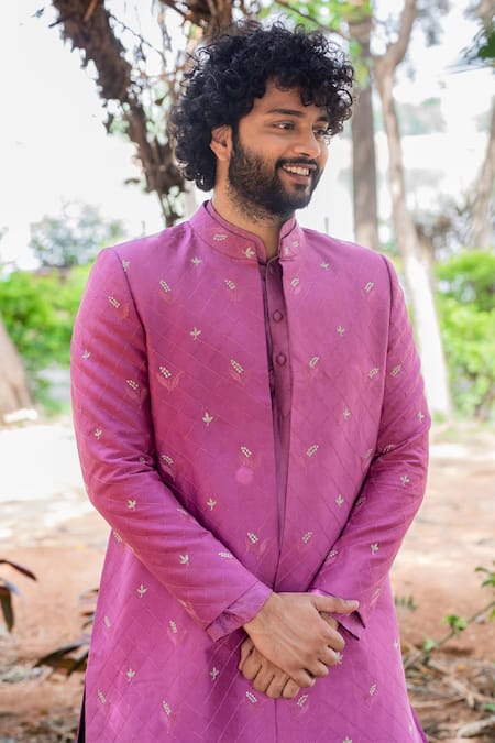 Shop Hilo Design Purple Silk Embroidery Checkered Sherwani Set Online at Aza Fashions Shop_Hilo Design_Purple Silk Embroidery Checkered Sherwani Set _Online_at_Aza_Fashions