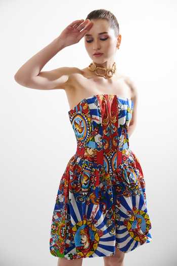 Shop_Cin Cin_Red Cotton Bandeau Neck Printed Motif Balloon Corset Short Dress _Online_at_Aza_Fashions