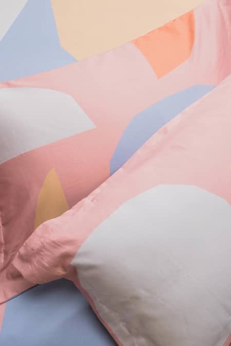 Shop_Kyoona_Blue 100% Cotton, Satin Weave Semi Polka Phases Of Moon Bedcover Set_Online_at_Aza_Fashions