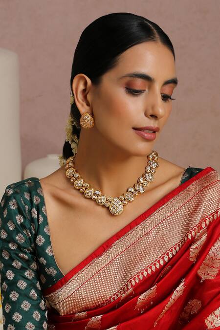 Shop_Swabhimann_Gold Plated Diamonds, Stones, Pearls Shaped Necklace Set _Online_at_Aza_Fashions