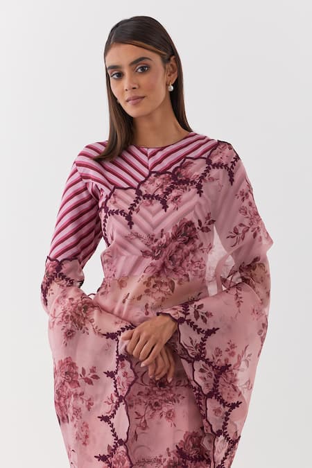Buy_Amisha Kothari_Pink Organza, Diamonds Guldasta Floral Print Saree_Online_at_Aza_Fashions