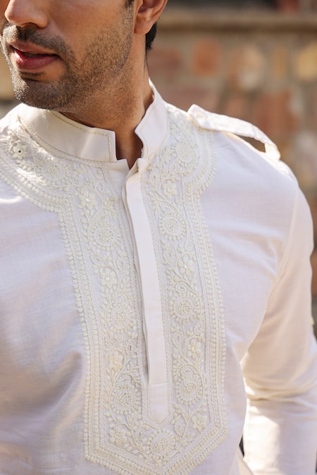 Shop_Raw & Rustic By Niti Bothra_Cream Linen, Cotton Embroidery Lucknowi Kurta _Online_at_Aza_Fashions
