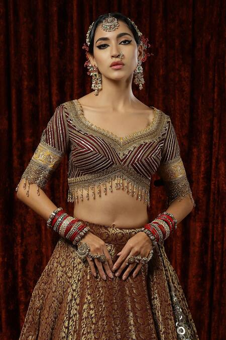 Buy Shikhar Sharma Maroon Lehenga Brocade Embroidered Gota Paan Shaped Floral Pattern Bridal Set Online at Aza Fashions Buy_Shikhar Sharma_Maroon Lehenga Brocade Embroidered Gota Paan Shaped Floral Pattern Bridal Set _Online_at_Aza_Fashions