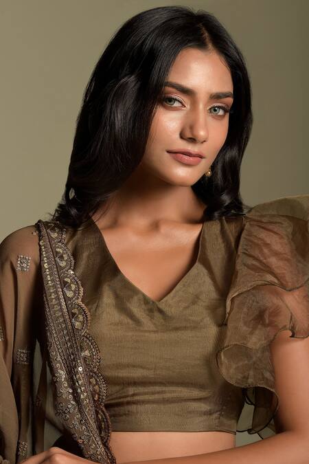 Shop Two Sisters By Gyans Brown Georgette, Blouse Organza Sequin And Resham Thread Embroidered Lehenga Set Online at Aza Fashions Shop_Two Sisters By Gyans_Brown Georgette, Blouse Organza Sequin And Resham Thread Embroidered Lehenga Set_Online_at_Aza_Fashions