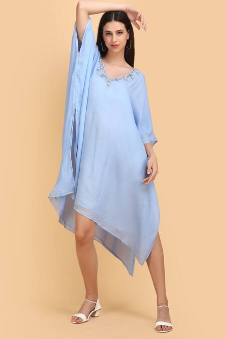 Shop_Label Ivish_Blue Silk, Chiffon Diamonds V-neck Embroidered Kaftan _Online_at_Aza_Fashions