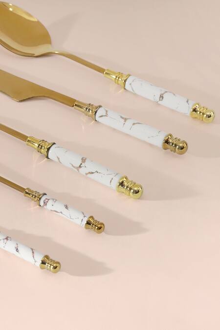 Shop_Table Manners_Gold Stainless Steel/ Reinforced Porcelain Marble And Cutlery Set_Online_at_Aza_Fashions