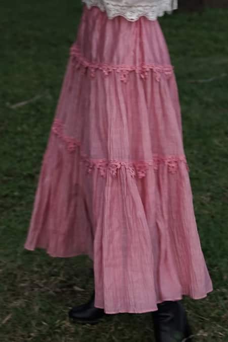 Shop_Baju_Pink 40% , 60% , Chanderi Lace Work Tally Tiered Skirt_Online_at_Aza_Fashions