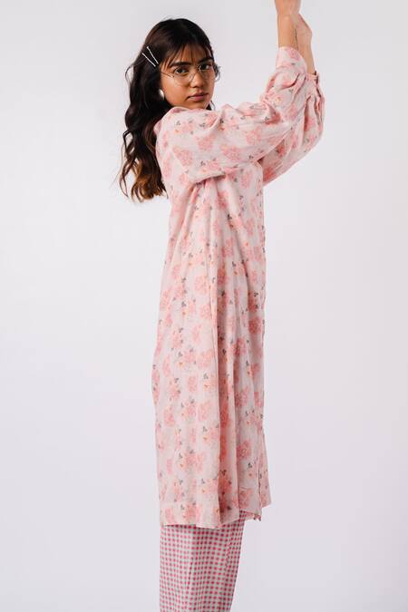 Buy Tussah By Siddhi Shah Pink Moss Cotton Print Floral Collared Neck Tunic Online at Aza Fashions Buy_Tussah By Siddhi Shah_Pink Moss Cotton Print Floral Collared Neck Tunic _Online_at_Aza_Fashions