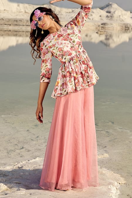 Shop_Nikita Vishakha_Multi Color Georgette, Silk Organza Floral Print Peplum Top And Sharara Set _Online_at_Aza_Fashions