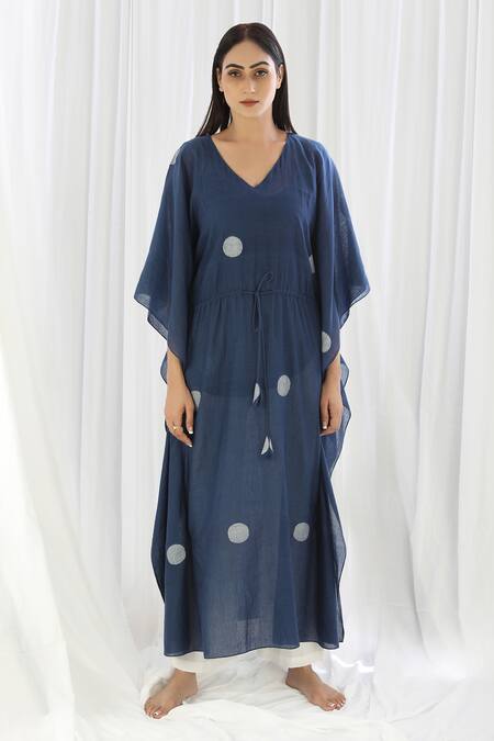 Shop_Khat_Blue V-neck Navy Polka Pattern Kaftan And Pant Set _Online_at_Aza_Fashions