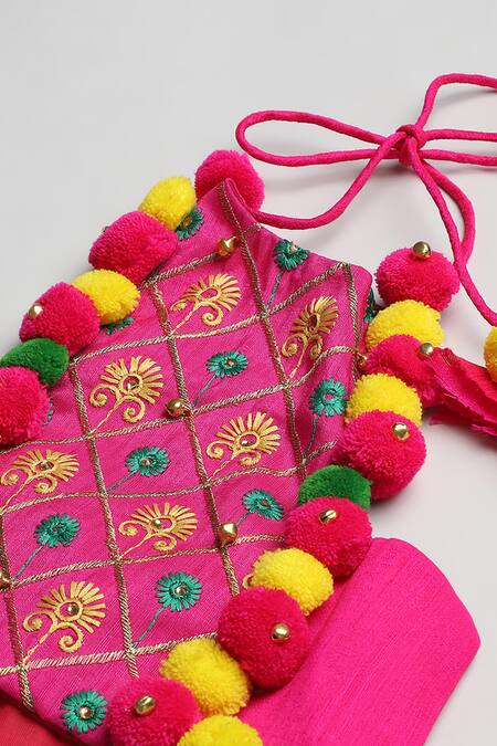 Shop_Byb Premium_Fuchsia Silk, Tulle Pom-poms, Embroidery Embellished Halter Top Skirt Set_Online_at_Aza_Fashions