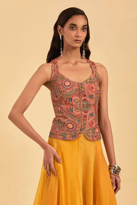 Shop_Aum By Asit And Ashima_Orange Organza Embroidery Flower Vine V Neck Corset With Skirt _Online_at_Aza_Fashions
