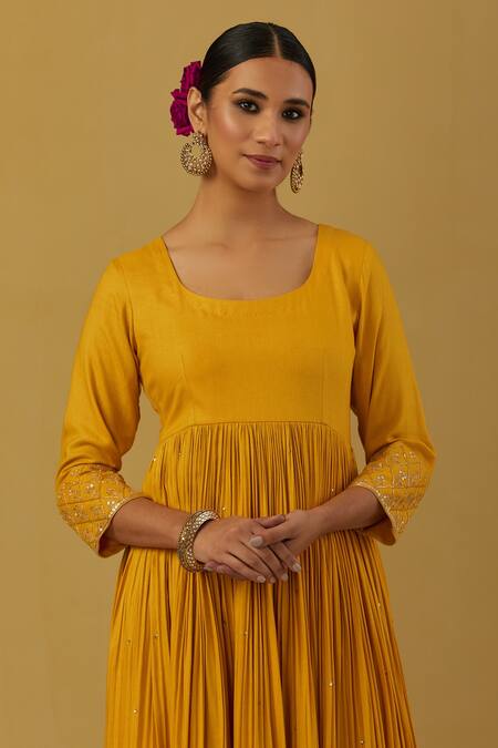 Shop Ikshita Choudhary Yellow Cheese Cotton Embroidered Round Full Sleeve Anarkali And Pant Set Online at Aza Fashions Shop_Ikshita Choudhary_Yellow Cheese Cotton Embroidered Round Full Sleeve Anarkali And Pant Set_Online_at_Aza_Fashions