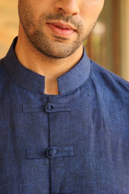 Shop_Raw & Rustic by Niti Bothra_Blue Linen Embroidery Handcrafted Straight Shirt _Online_at_Aza_Fashions