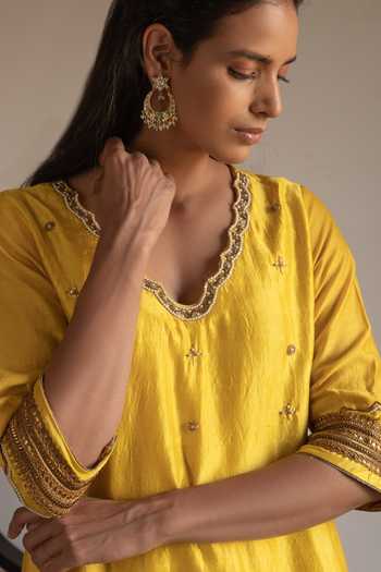 Shop_Shorshe Clothing_Yellow Chanderi, Silk Embroidery V-neck And Zari Kurta With Pant_Online_at_Aza_Fashions