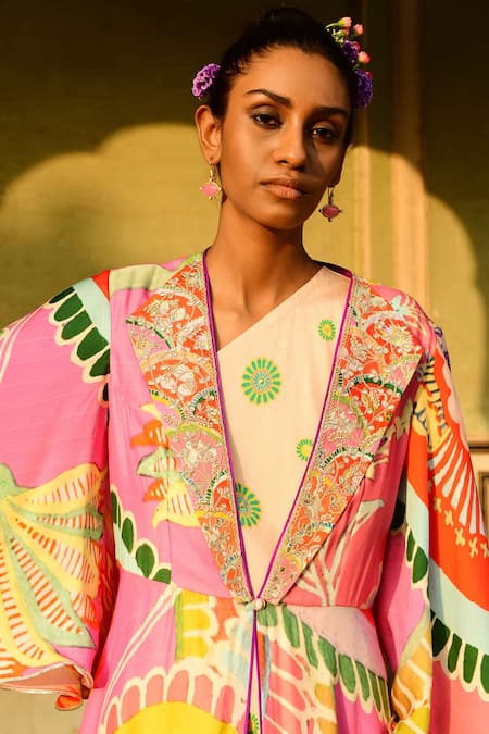 Buy Swati Vijaivargie Multi Color Silk Embroidery Gota Patti Cape Surajmukhi Long With Online at Aza Fashions Buy_Swati Vijaivargie_Multi Color Silk Embroidery Gota Patti Cape Surajmukhi Long With _Online_at_Aza_Fashions