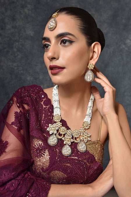Swabhimann Gold Plated Pearls, Diamonds Kundan Embellished Necklace Set Online at Aza Fashions Swabhimann_Gold Plated Pearls, Diamonds Kundan Embellished Necklace Set _Online_at_Aza_Fashions