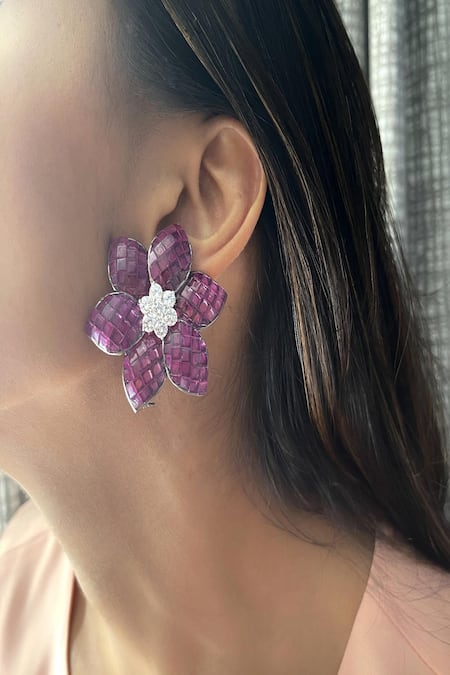 Shop The Jewel Factor Purple Crystals Checkered Pattern Earrings Online at Aza Fashions Shop_The Jewel Factor_Purple Crystals Checkered Pattern Earrings_Online_at_Aza_Fashions
