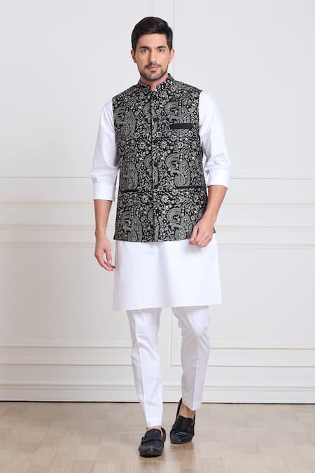 Shop_Taroob_Black Pashmina, Wool Embroidery Bundi _Online_at_Aza_Fashions