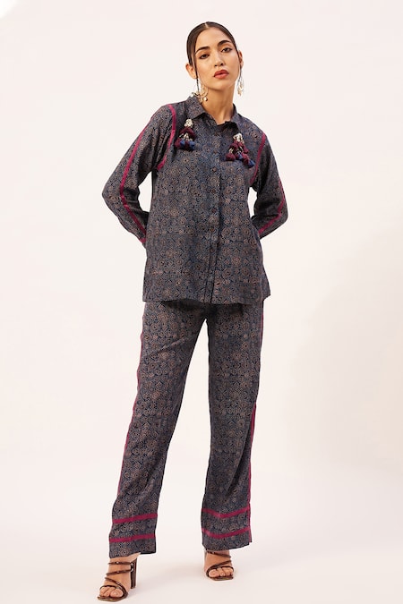 Shop_Zariya The Label_Blue Modal Tassels Shawl Neck Ajrakh Print Shirt And Pant Set _Online_at_Aza_Fashions