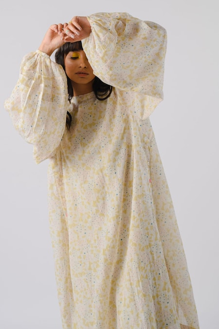 Buy Tussah By Siddhi Shah Green Cotton Round Neck A-line Dress With Printed Overlay Online at Aza Fashions Buy_Tussah By Siddhi Shah_Green Cotton Round Neck A-line Dress With Printed Overlay _Online_at_Aza_Fashions