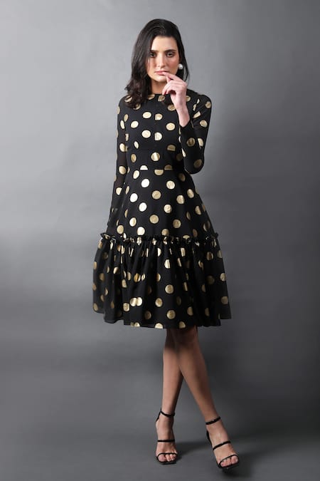Shop Swatee Singh Black Georgette High Neck Polka Dot Print Flared Dress Online at Aza Fashions Shop_Swatee Singh_Black Georgette High Neck Polka Dot Print Flared Dress _Online_at_Aza_Fashions