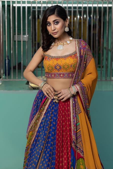Shop Irrau By Samir Mantri Multi Color Georgette, Net Sequins, Cut Work, Mughal Print Panelled Lehenga Set Online at Aza Fashions Shop_Irrau By Samir Mantri_Multi Color Georgette, Net Sequins, Cut Work, Mughal Print Panelled Lehenga Set _Online_at_Aza_Fashions