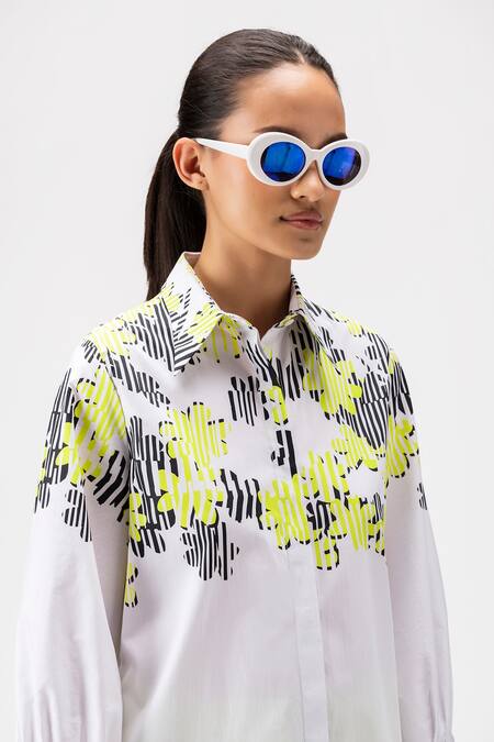 Shop_Genes Lecoanet Hemant_White Cotton Collared Stripe Pattern Floral Print Shirt_Online_at_Aza_Fashions
