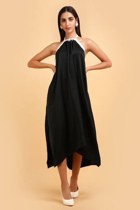 Shop_Label Ivish_Black Silk, Satin Halter Neck Tent Dress _Online_at_Aza_Fashions