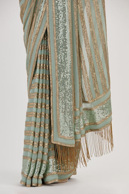 Nakul Sen_Blue Chiffon Sequin V Neck Embroidered Saree With Blouse_at_Aza_Fashions