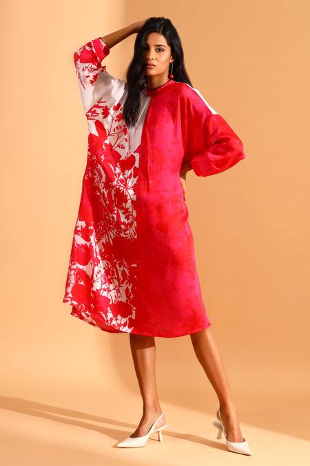 Shop_Moh India_Magenta Cupro Printed Floral Round High Neck Colorblock Tunic _Online_at_Aza_Fashions
