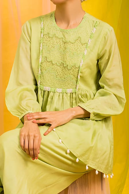 Kacha Tanka Green Kurta And Dhoti Cotton Voile Embroidery Bead & Pant Set Online at Aza Fashions Kacha Tanka_Green Kurta And Dhoti Cotton Voile Embroidery Bead & Pant Set _Online_at_Aza_Fashions