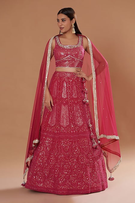 Two Sisters By Gyans_Pink Georgette, Net Sequins, Beads Round Neck Embroidered Lehenga Set _Online_at_Aza_Fashions