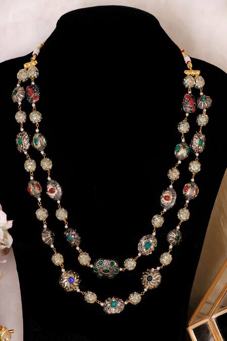 Shop Ishhaara Gold Plated Stones Double Layered Studded Necklace Set Online at Aza Fashions Shop_Ishhaara_Gold Plated Stones Double Layered Studded Necklace Set _Online_at_Aza_Fashions