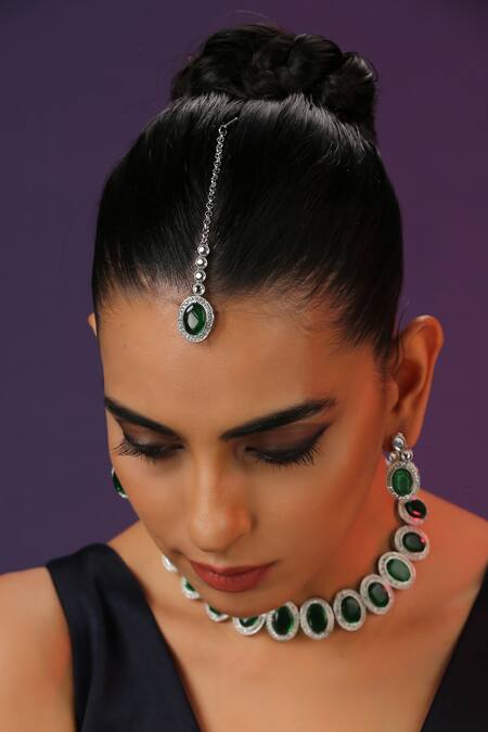 Shop_Swabhimann_Green Zari, Diamonds Zirconia Embellished Necklace Set_Online_at_Aza_Fashions