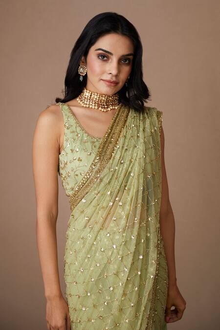 Shop Astha Narang Green Net, Crepe Sequins Scoop Neck Checkered Embroidered Saree With Blouse Online at Aza Fashions Shop_Astha Narang_Green Net, Crepe Sequins Scoop Neck Checkered Embroidered Saree With Blouse _Online_at_Aza_Fashions