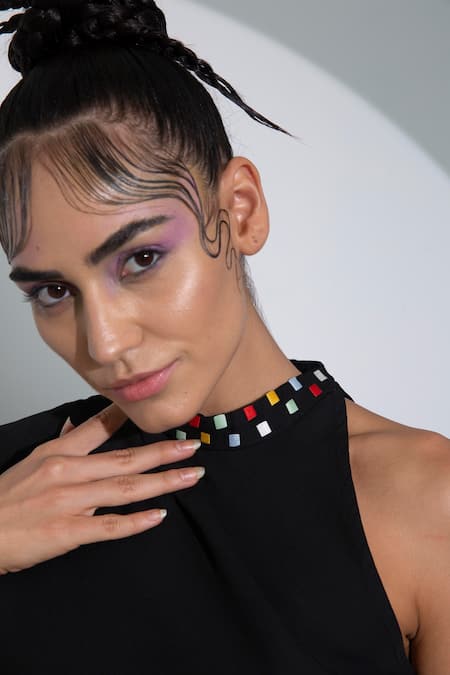 Pocketful Of Cherrie_Black Crepe Embroidery High Neck Checkered Top_Online_at_Aza_Fashions