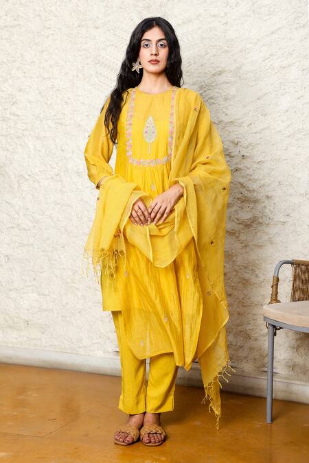 Shop_Tatwa_Yellow Handloom Cotton, Viscose, Silk Embroidery Round Neck Kurta And Pant Set _Online_at_Aza_Fashions