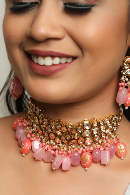 Buy_Ishhaara_Pink Beads, Stones Abstract Embellished Choker Necklace Set _Online_at_Aza_Fashions