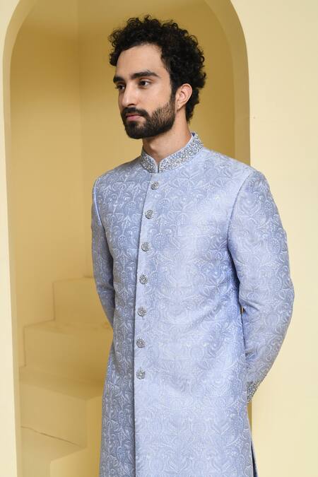 Shop_Kustomeyes_Blue Silk Embroidery Floral Sherwani Set _Online_at_Aza_Fashions