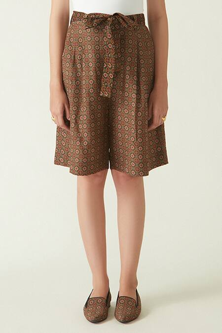 Shop Payal Pratap Brown Cupro Muga Silk Printed Floral Dempo Shorts Online at Aza Fashions Shop_Payal Pratap_Brown Cupro Muga Silk Printed Floral Dempo Shorts _Online_at_Aza_Fashions