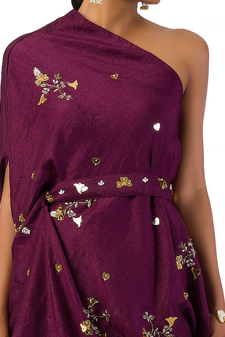Shop Meghna Shah Wine Silk Beads, Stones One Shoulder Embroidered Top And Pant Set Online at Aza Fashions Shop_Meghna Shah_Wine Silk Beads, Stones One Shoulder Embroidered Top And Pant Set _Online_at_Aza_Fashions