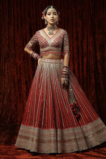 Buy_Shikhar Sharma_Red Silk, Chanderi, Net Beads, Embroidery, Gota Embellished Bridal Lehenga Set _Online_at_Aza_Fashions