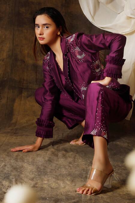 Shop_Eclat By Prerika Jalan_Wine Silk, Chanderi Pearls, Embroidery Collared Hand Jacket And Pant Set _Online_at_Aza_Fashions